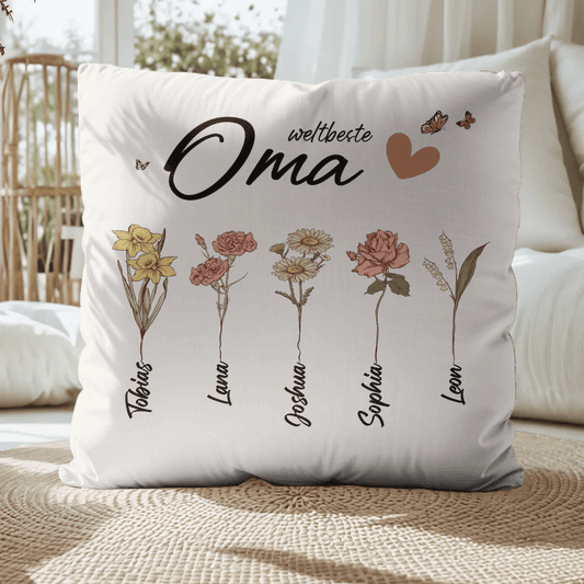 Personalisiertes Kissen - "Weltbeste Oma | Blumen" - LeinwandGlück