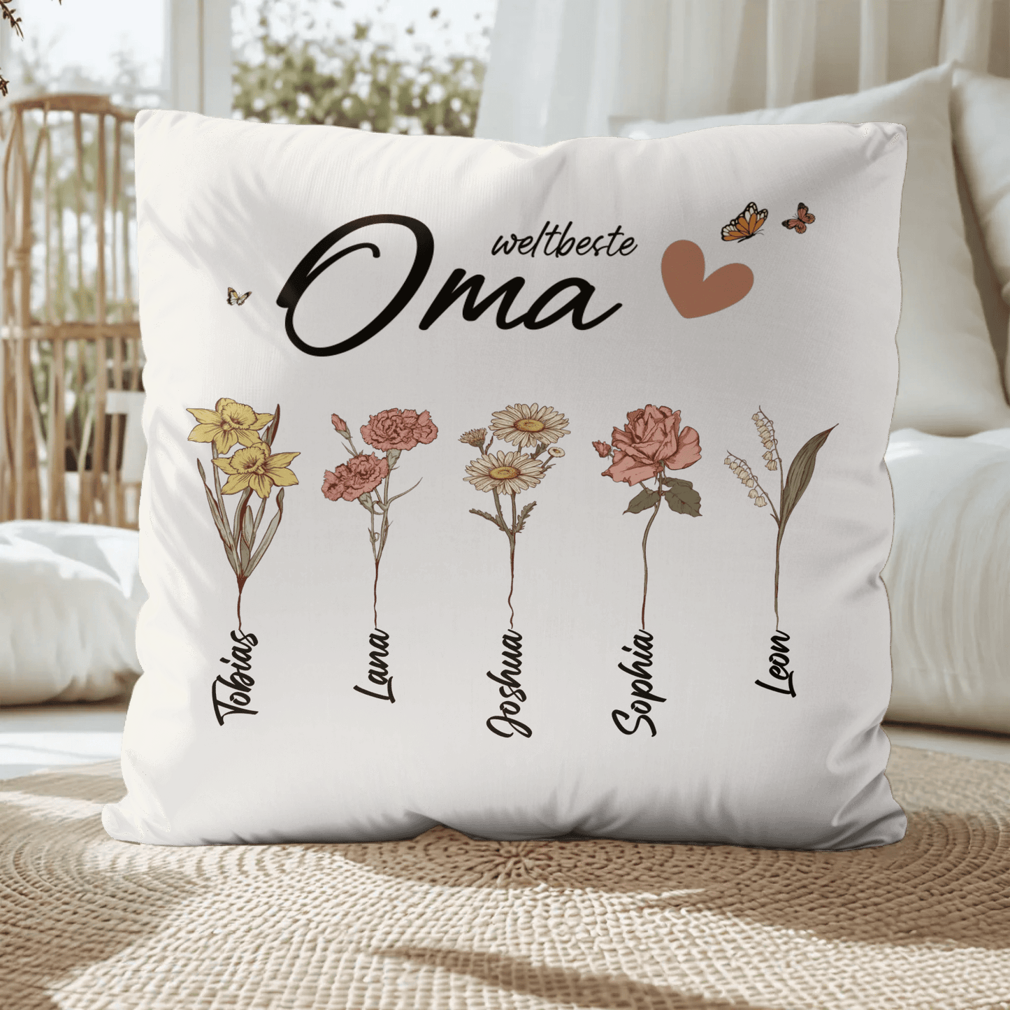 Personalisiertes Kissen - "Weltbeste Oma | Blumen" - LeinwandGlück