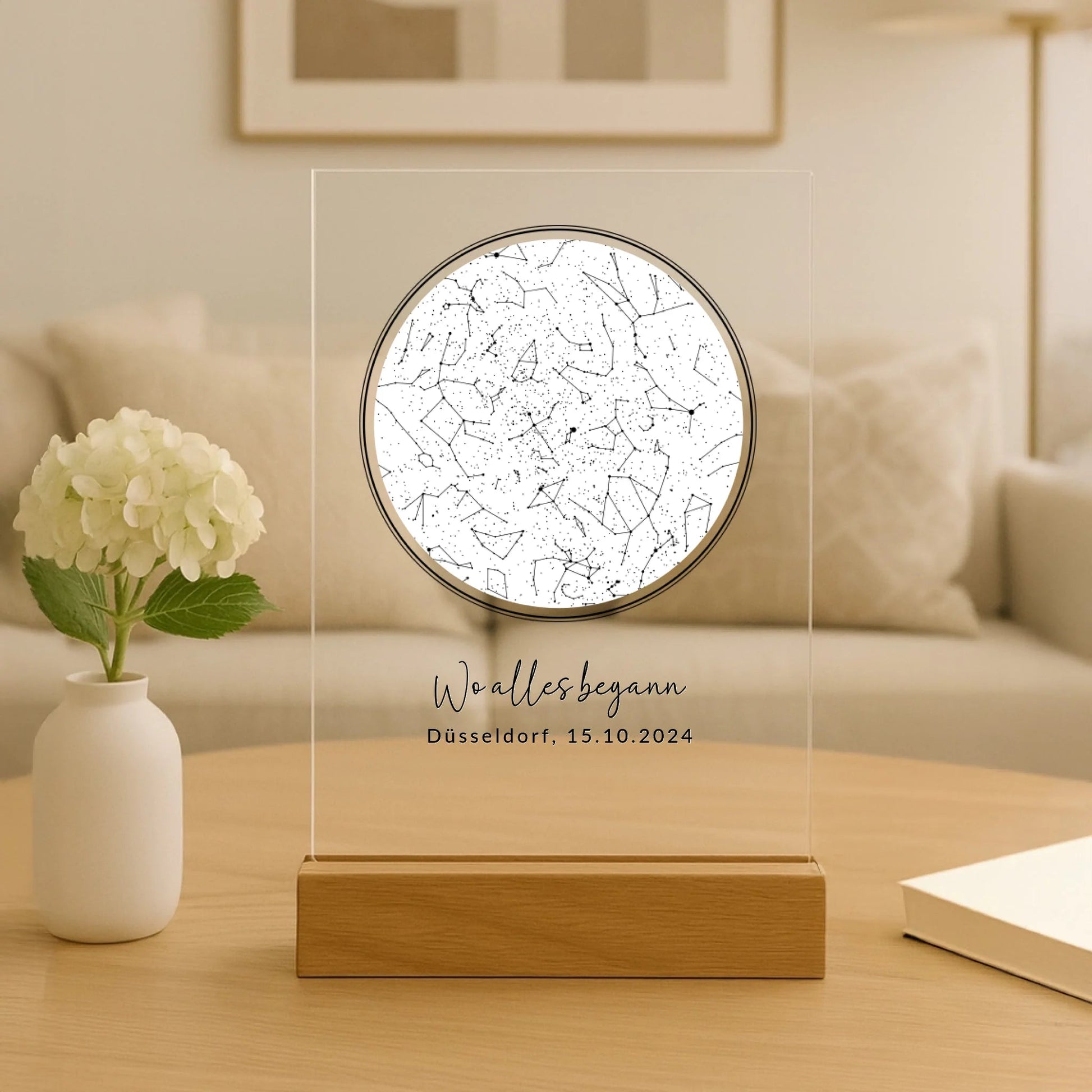 Acryl Tischaufsteller mit eurem Sternenhimmel "Wo alles begann" - LeinwandGlück