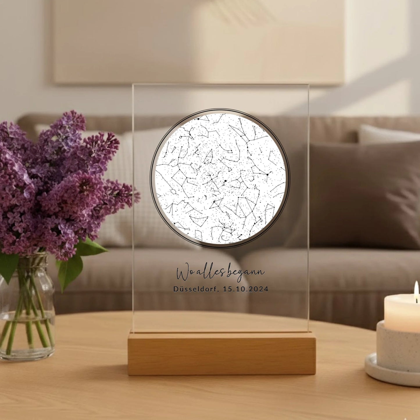 Acryl Tischaufsteller mit eurem Sternenhimmel "Wo alles begann" - LeinwandGlück