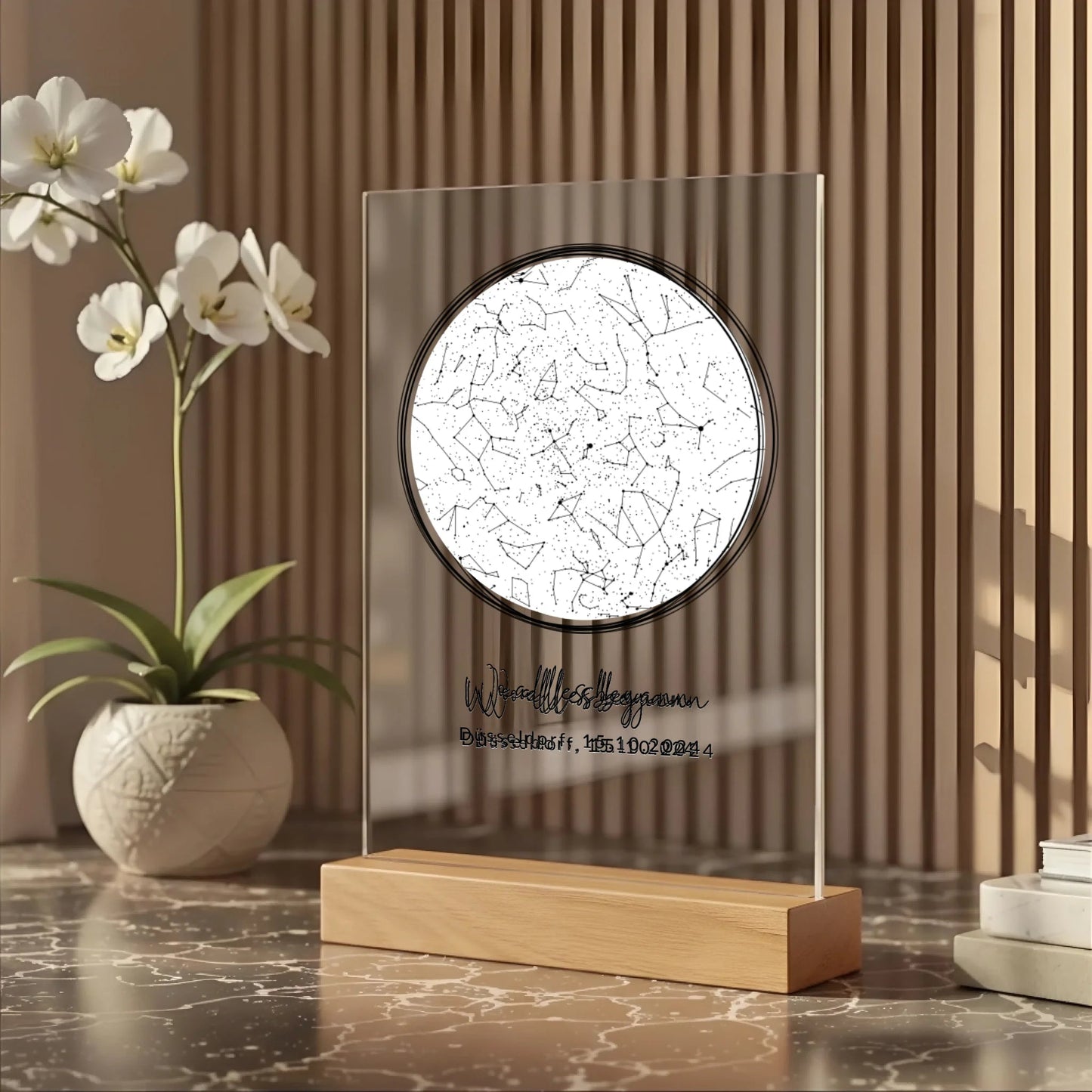 Acryl Tischaufsteller mit eurem Sternenhimmel "Wo alles begann" - LeinwandGlück