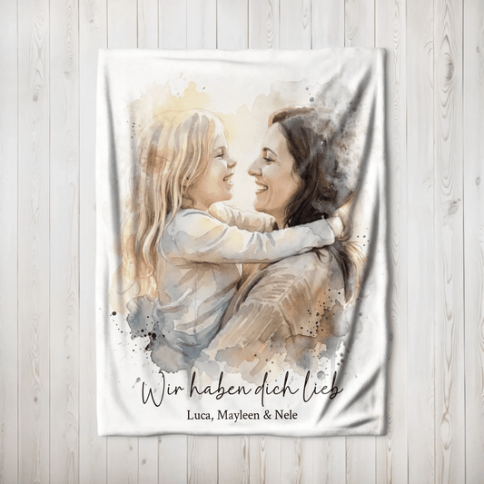 Geschenk für Mama - Euer Foto als Aquarell auf Kuscheldecke - LeinwandGlück