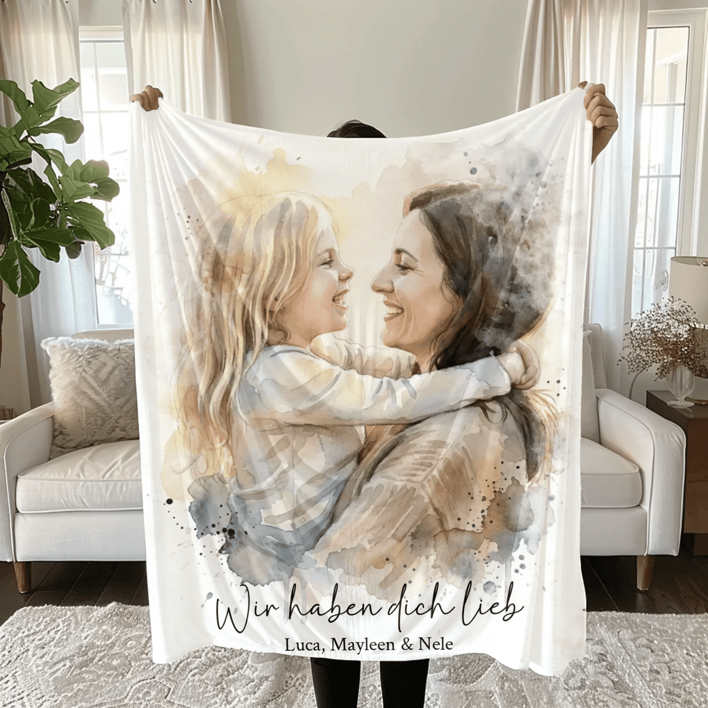Geschenk für Mama - Euer Foto als Aquarell auf Kuscheldecke - LeinwandGlück