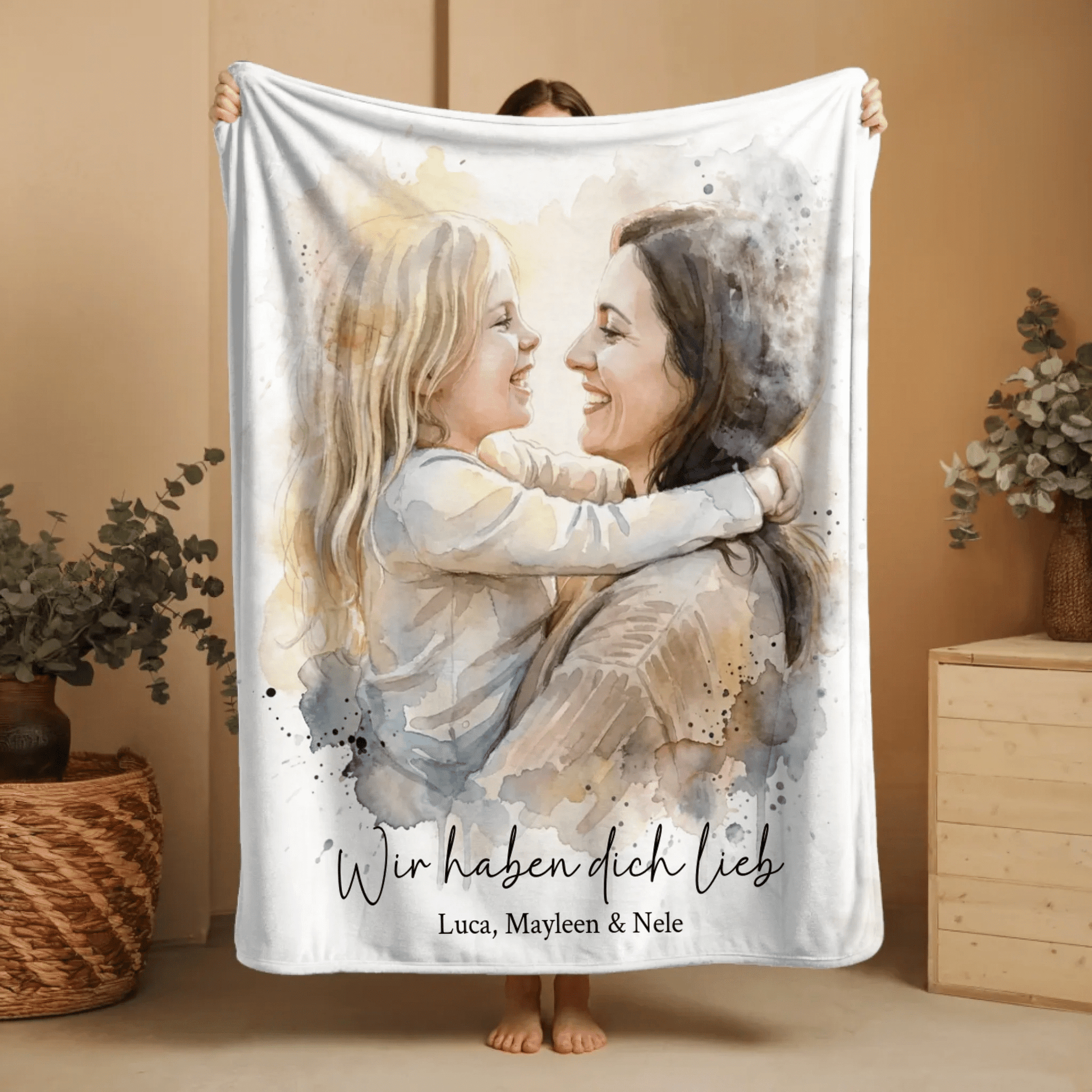 Geschenk für Mama - Euer Foto als Aquarell auf Kuscheldecke - LeinwandGlück