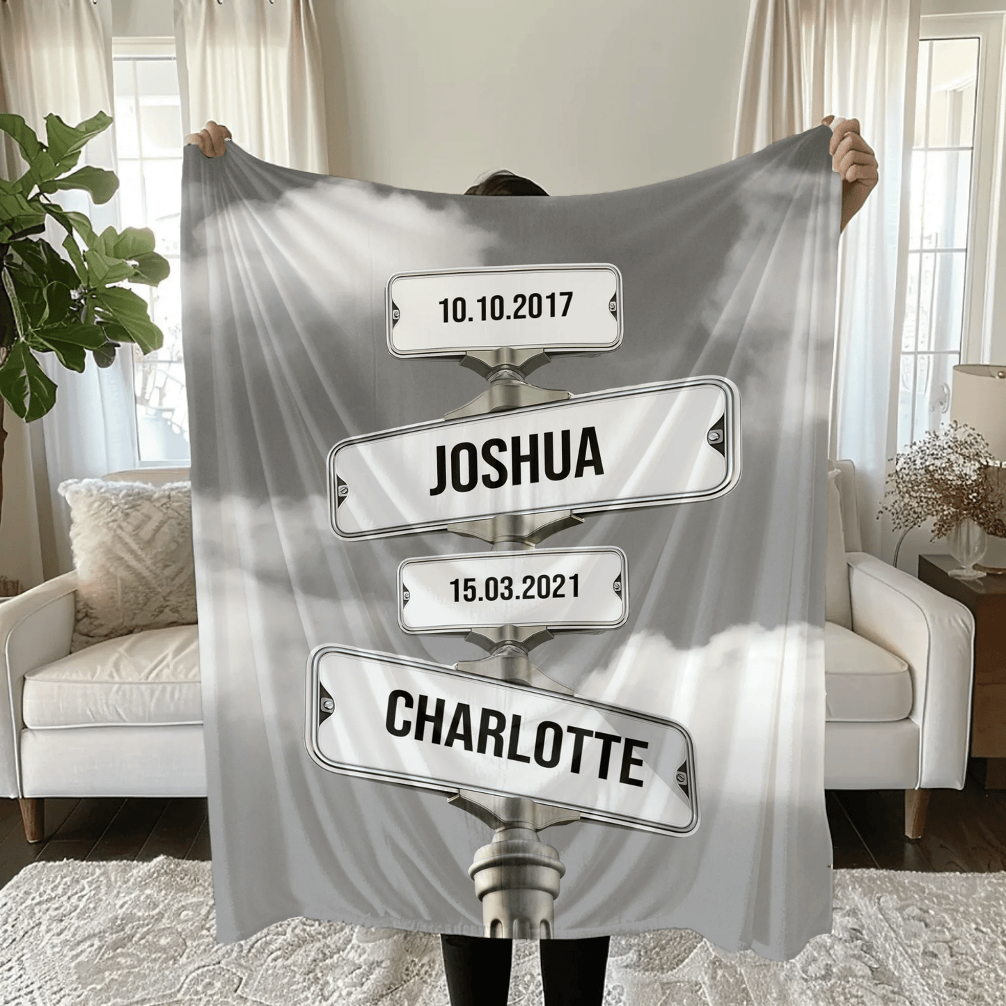 Personalisierte Decke - "Straßenkreuzung Familie mit Geburtsdatum der Kinder" - LeinwandGlück