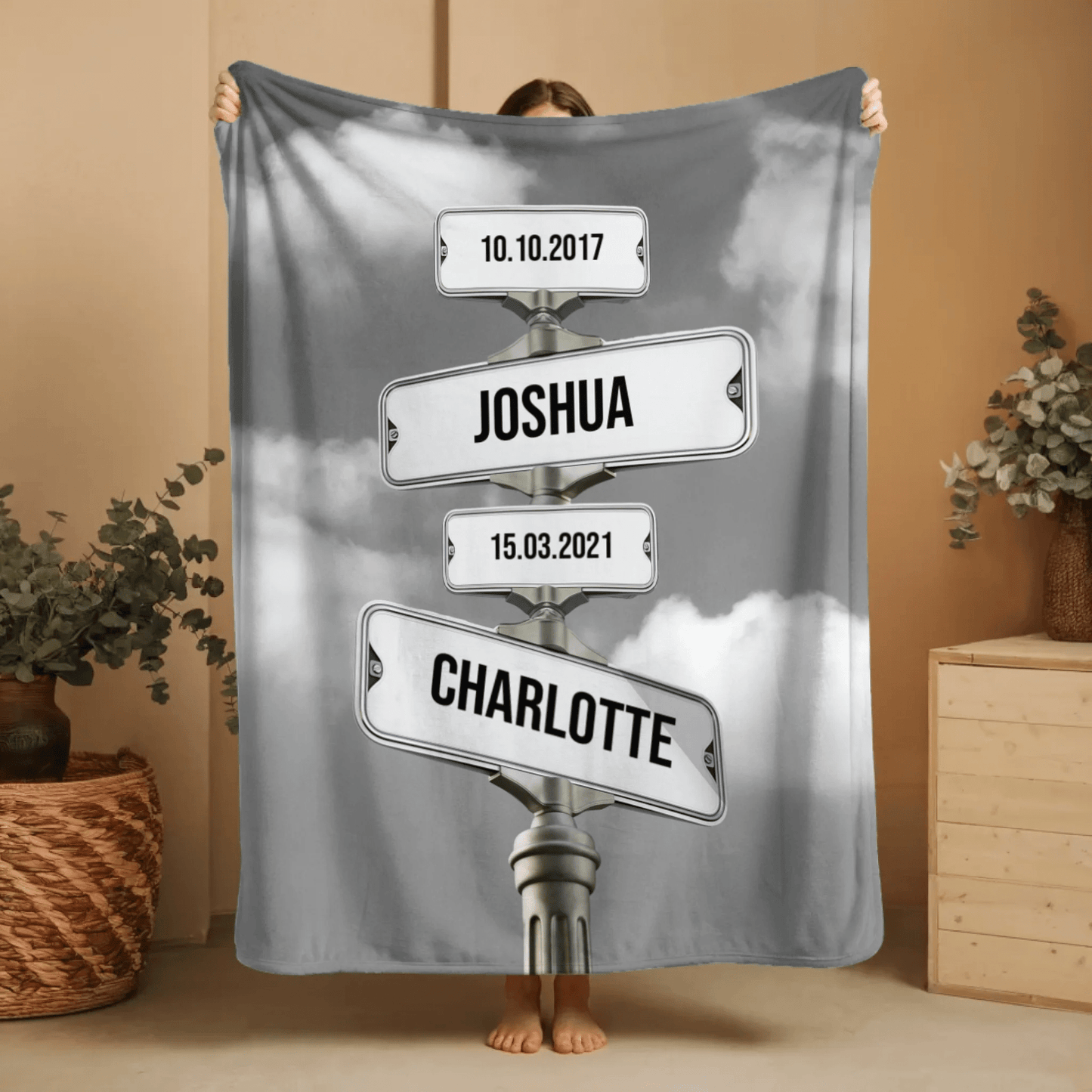 Personalisierte Decke - "Straßenkreuzung Familie mit Geburtsdatum der Kinder" - LeinwandGlück