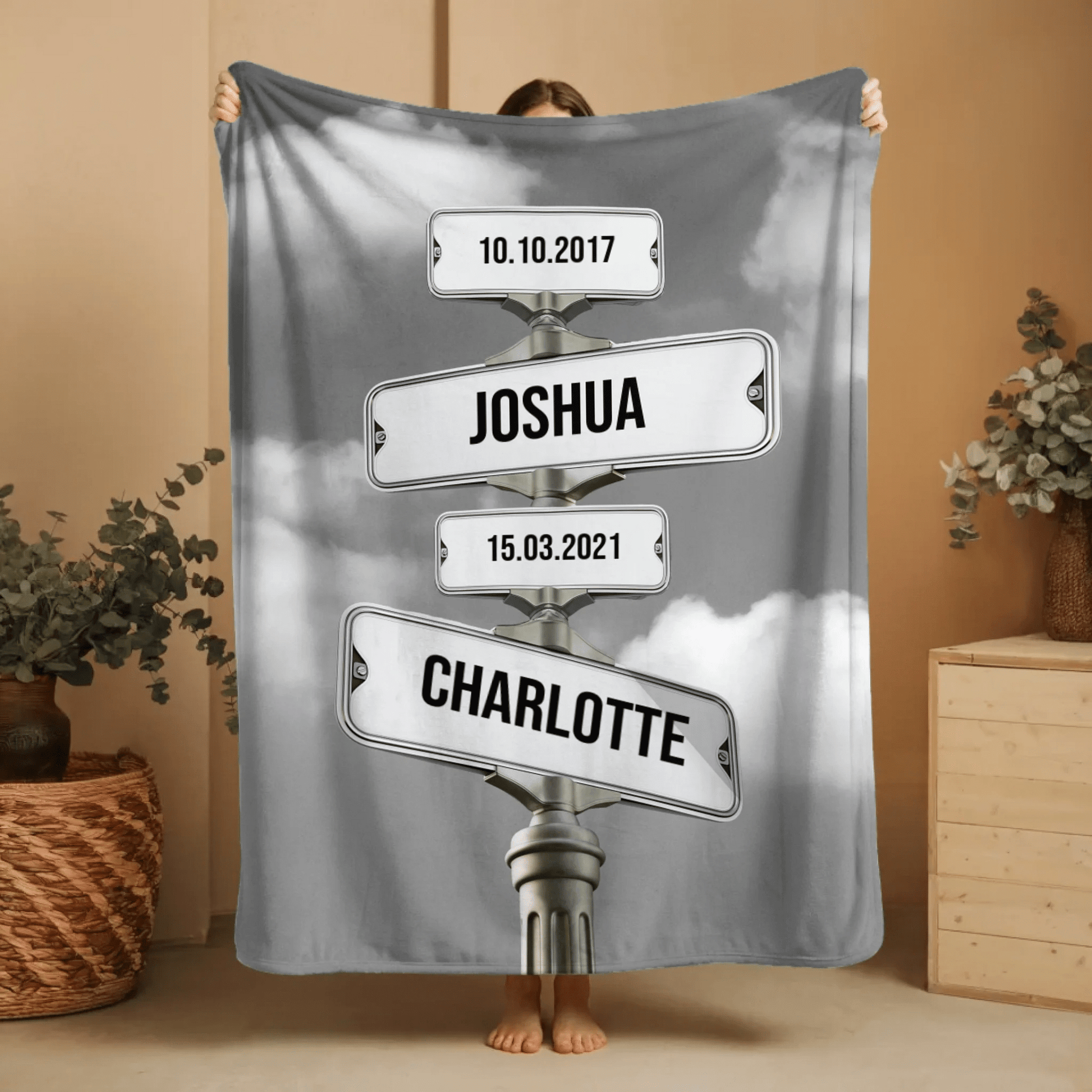Personalisierte Decke - "Straßenkreuzung Familie mit Geburtsdatum der Kinder" - LeinwandGlück