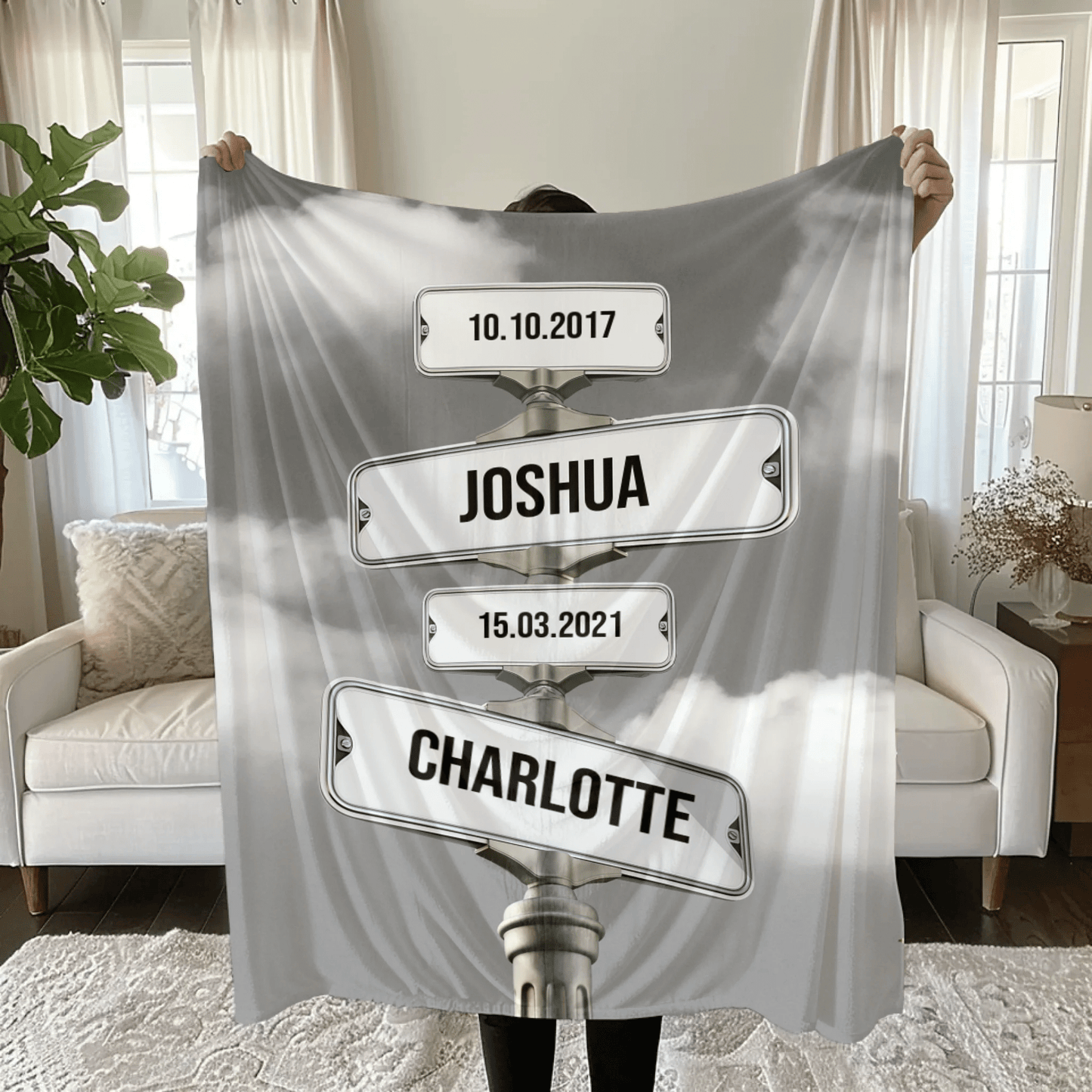 Personalisierte Decke - "Straßenkreuzung Familie mit Geburtsdatum der Kinder" - LeinwandGlück