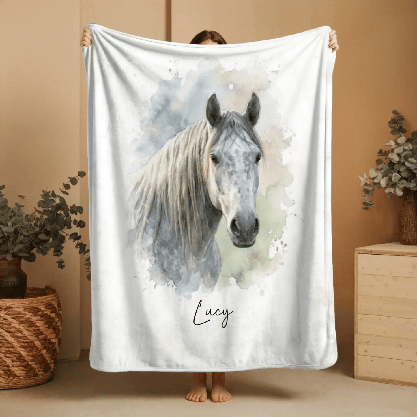 Personalisierte Decke von deinem Pferd | Individuelles Aquarell Tierportrait - LeinwandGlück