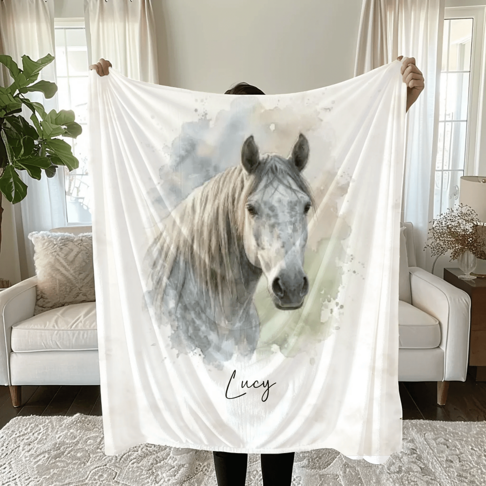 Personalisierte Decke von deinem Pferd | Individuelles Aquarell Tierportrait - LeinwandGlück
