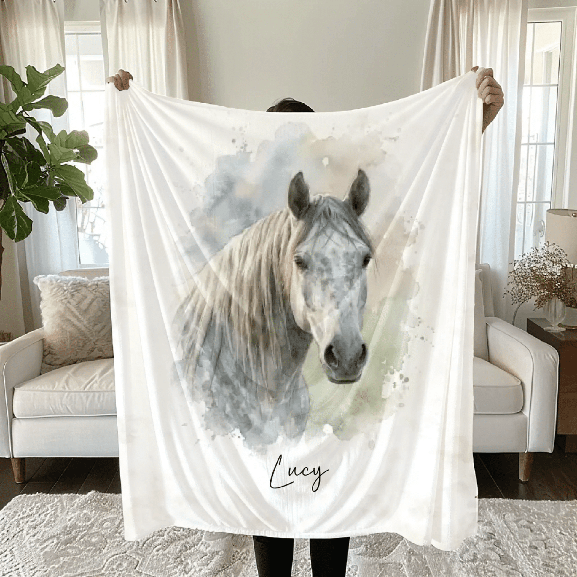 Personalisierte Decke von deinem Pferd | Individuelles Aquarell Tierportrait - LeinwandGlück