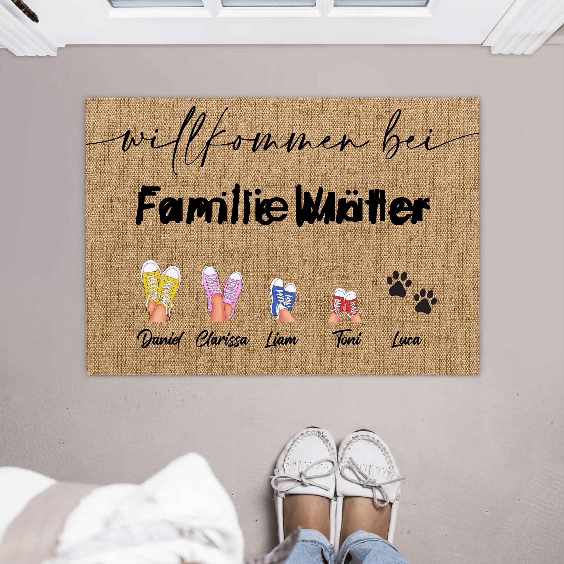 Personalisierte Fußmatte - "Willkommen bei" - LeinwandGlück