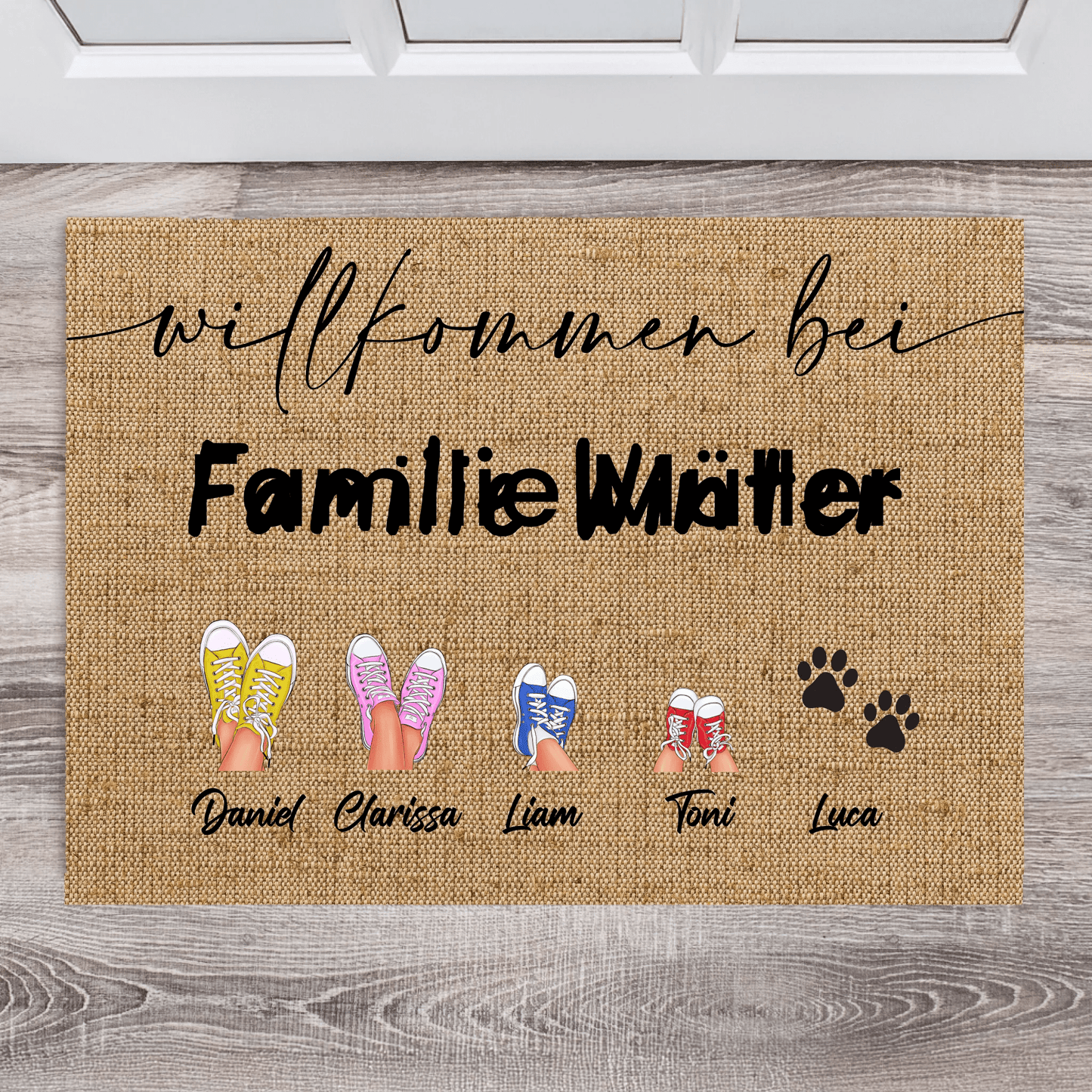 Personalisierte Fußmatte - "Willkommen bei" - LeinwandGlück