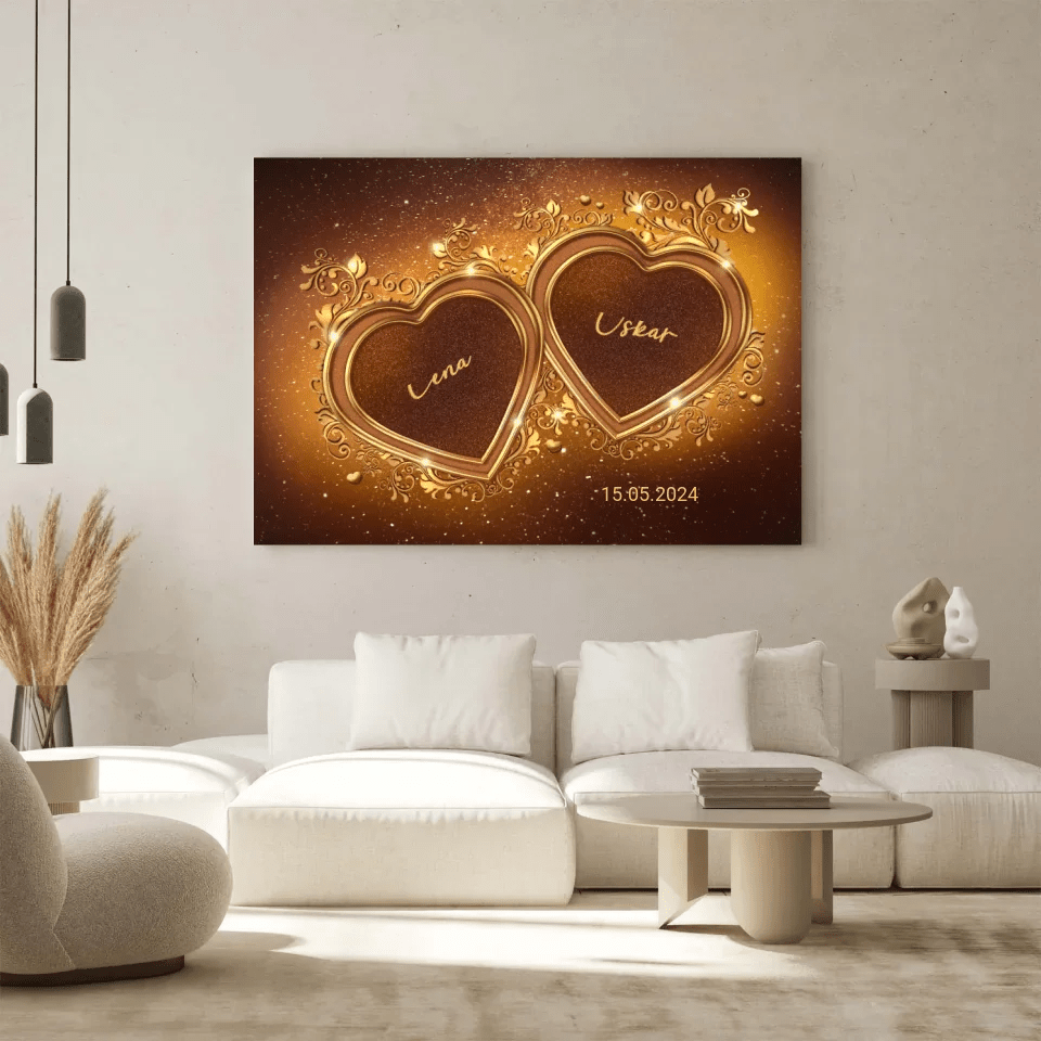 Personalisierte Leinwand - "Goldene Herzen Horizontal" - LeinwandGlück