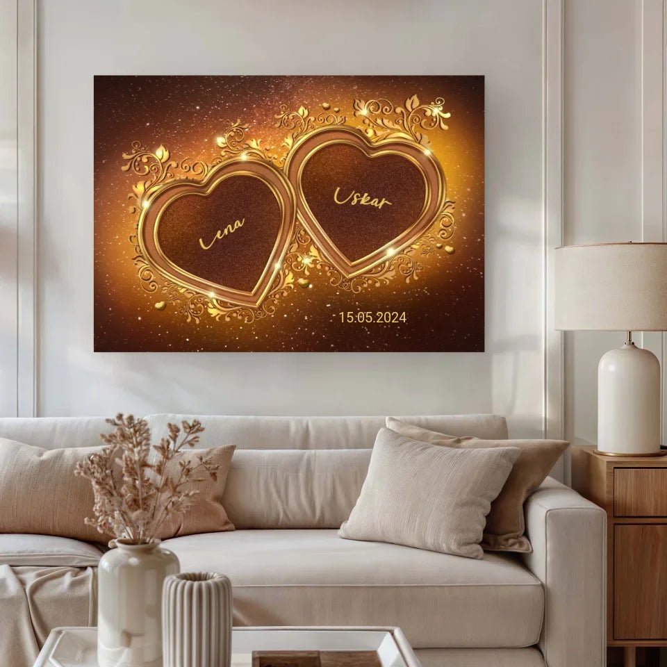 Personalisierte Leinwand - "Goldene Herzen Horizontal" - LeinwandGlück