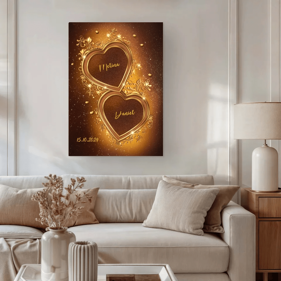 Personalisierte Leinwand - "Goldene Herzen Vertikal" - LeinwandGlück