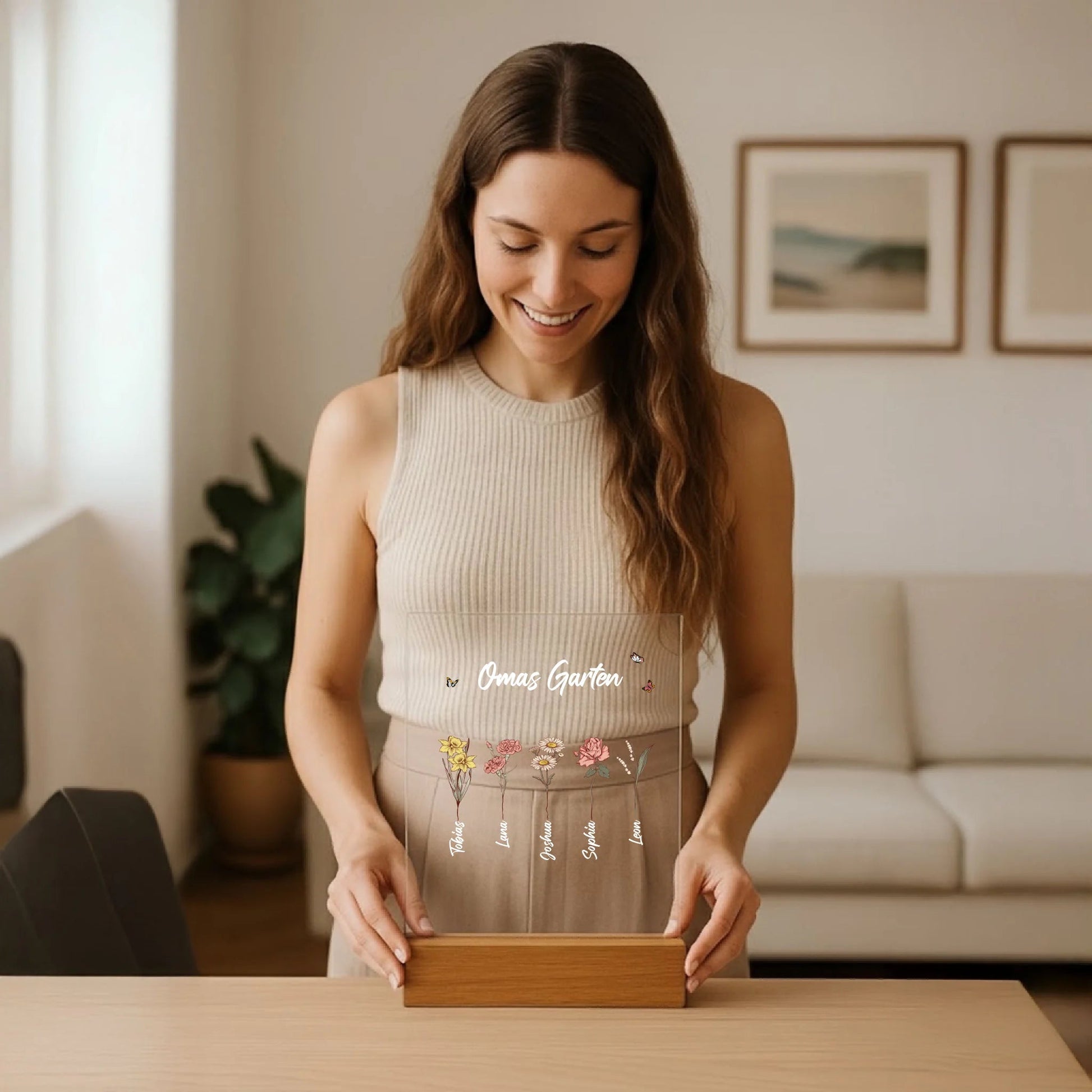 Personalisierter Acrylaufsteller für Mama oder Oma mit Pflanzen - LeinwandGlück
