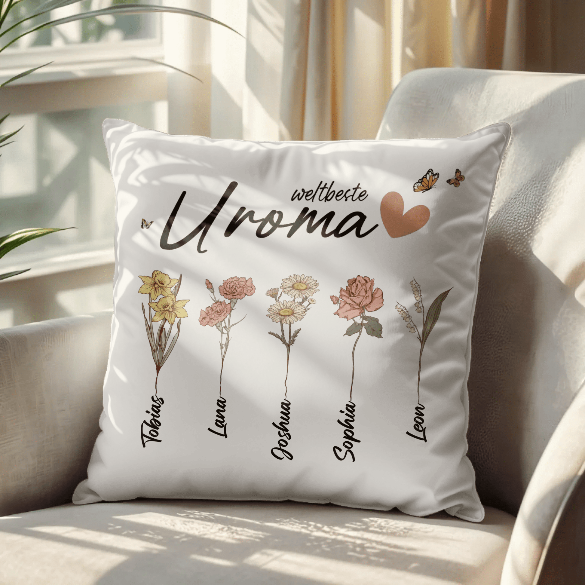 Personalisiertes Kissen - "Weltbeste Uroma | Uromas Garten mit Blumen" - LeinwandGlück