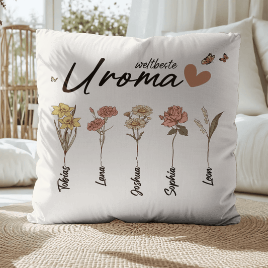 Personalisiertes Kissen - "Weltbeste Uroma | Uromas Garten mit Blumen" - LeinwandGlück