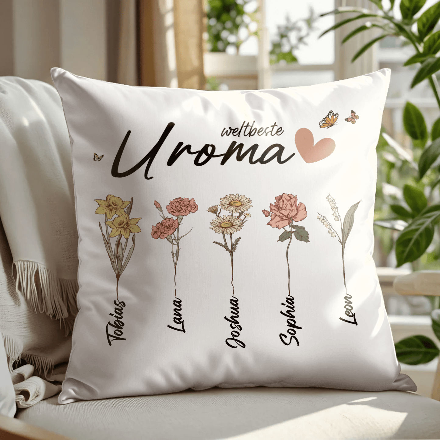 Personalisiertes Kissen - "Weltbeste Uroma | Uromas Garten mit Blumen" - LeinwandGlück