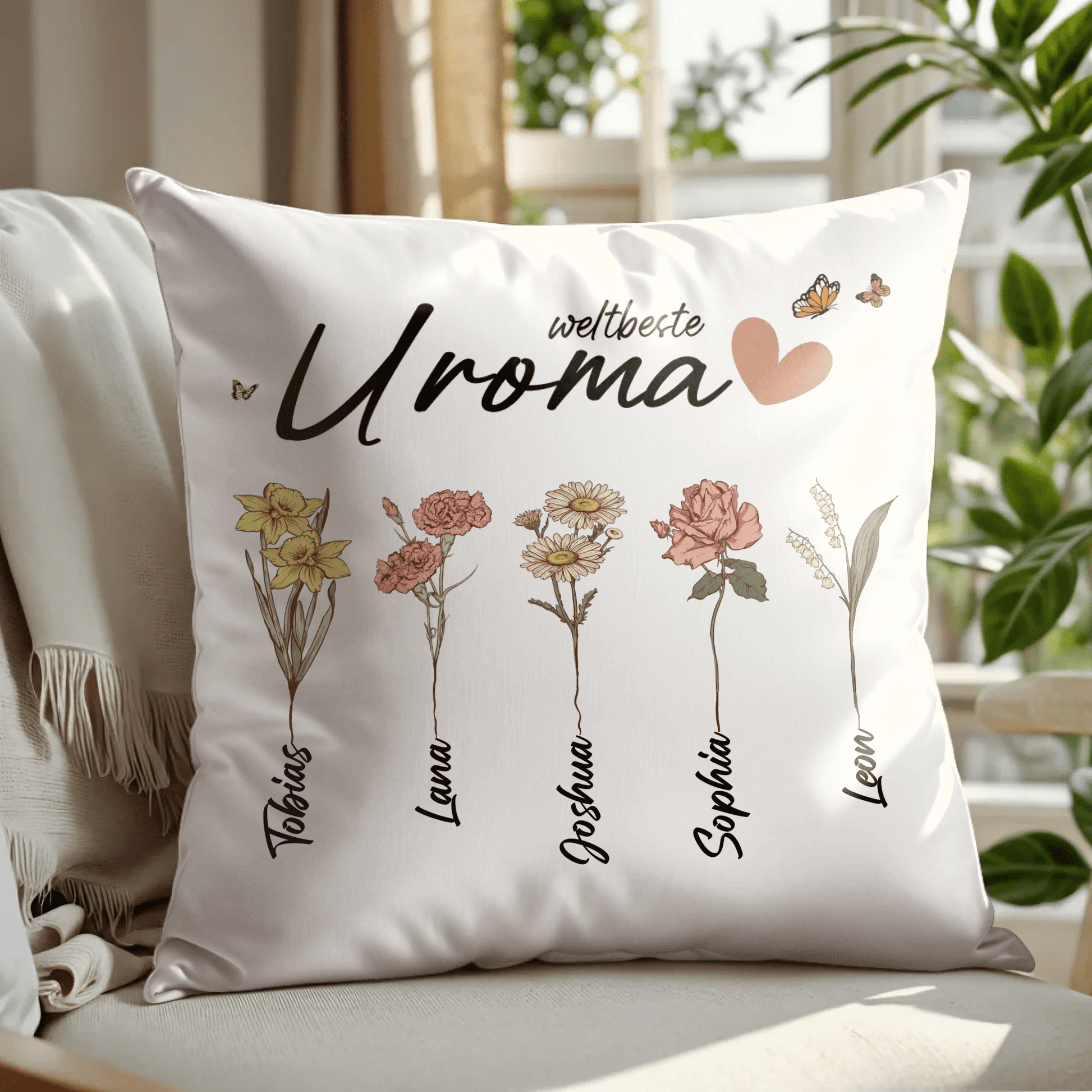 Personalisiertes Kissen - "Weltbeste Uroma | Uromas Garten mit Blumen" - LeinwandGlück