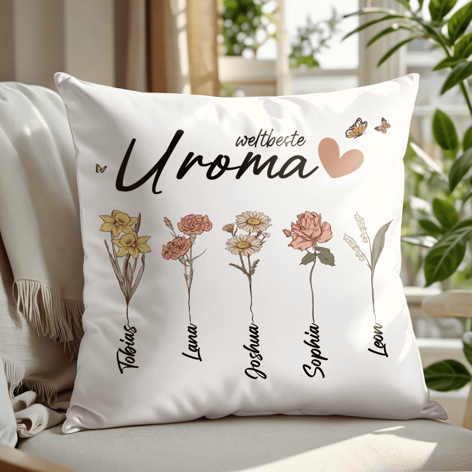 Personalisiertes Kissen - "Weltbeste Uroma | Uromas Garten mit Blumen" - LeinwandGlück