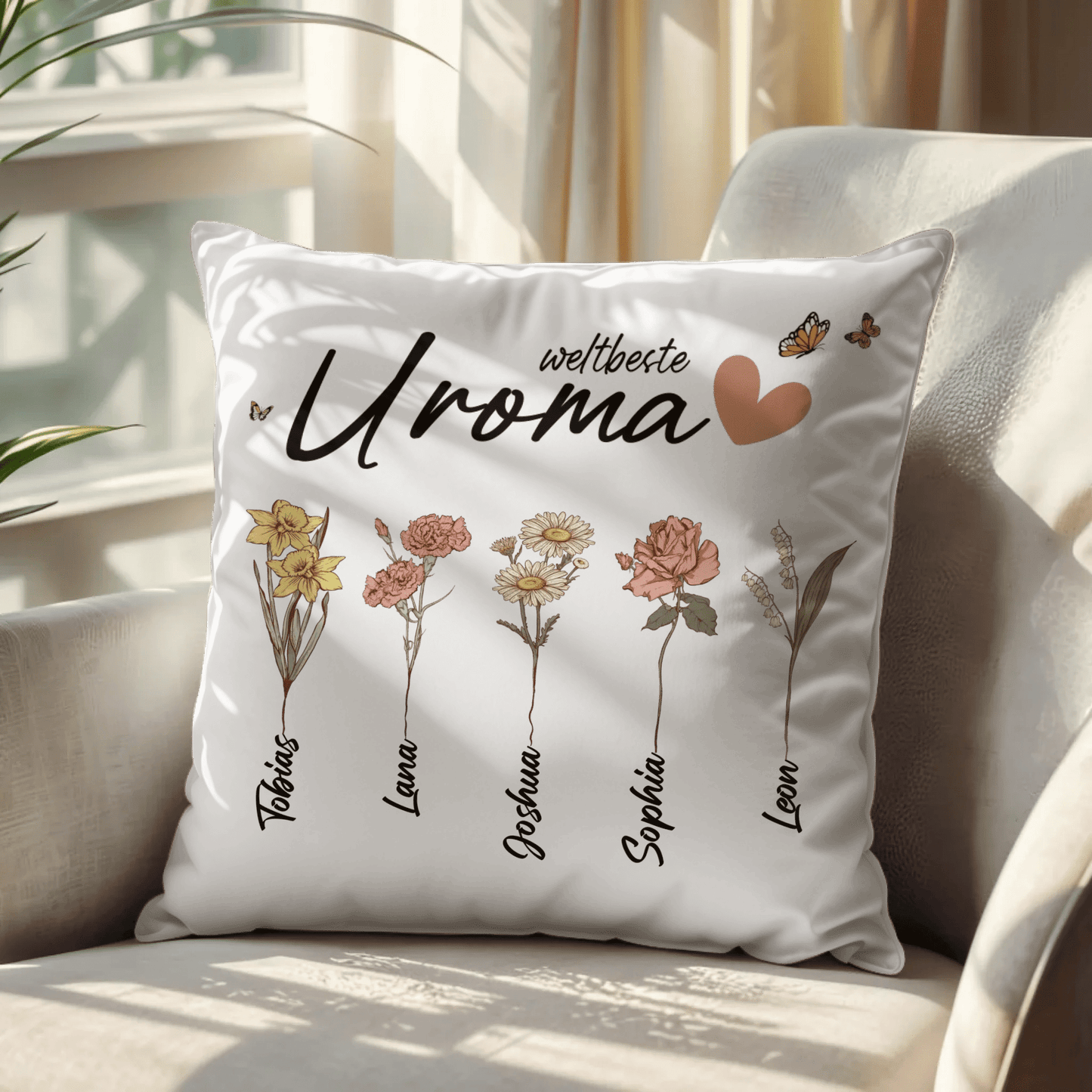 Personalisiertes Kissen - "Weltbeste Uroma | Uromas Garten mit Blumen" - LeinwandGlück