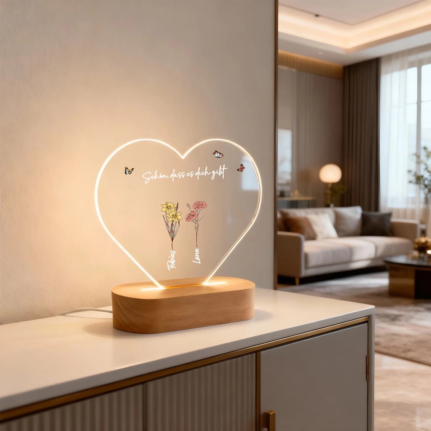 Personalisiertes Nachtlicht in Herzform - "Mamas Blumen" - LeinwandGlück