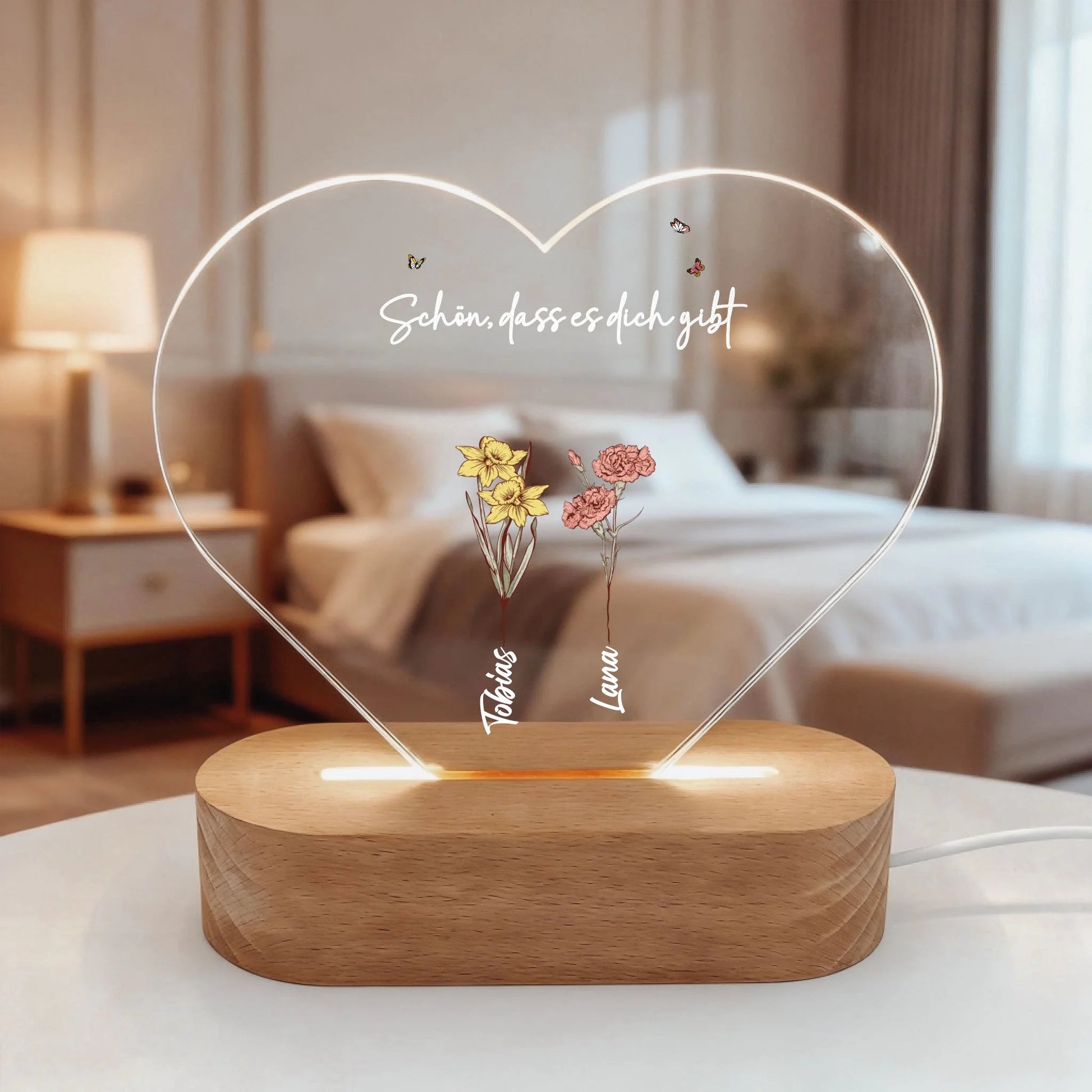 Personalisiertes Nachtlicht in Herzform - "Mamas Blumen" - LeinwandGlück