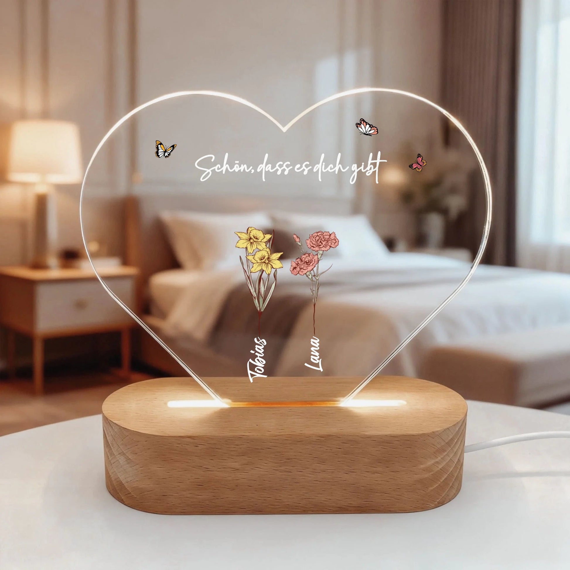 Personalisiertes Nachtlicht in Herzform - "Mamas Blumen" - LeinwandGlück