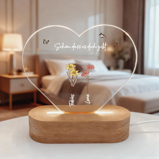 Personalisiertes Nachtlicht in Herzform - "Mamas Blumen" - LeinwandGlück
