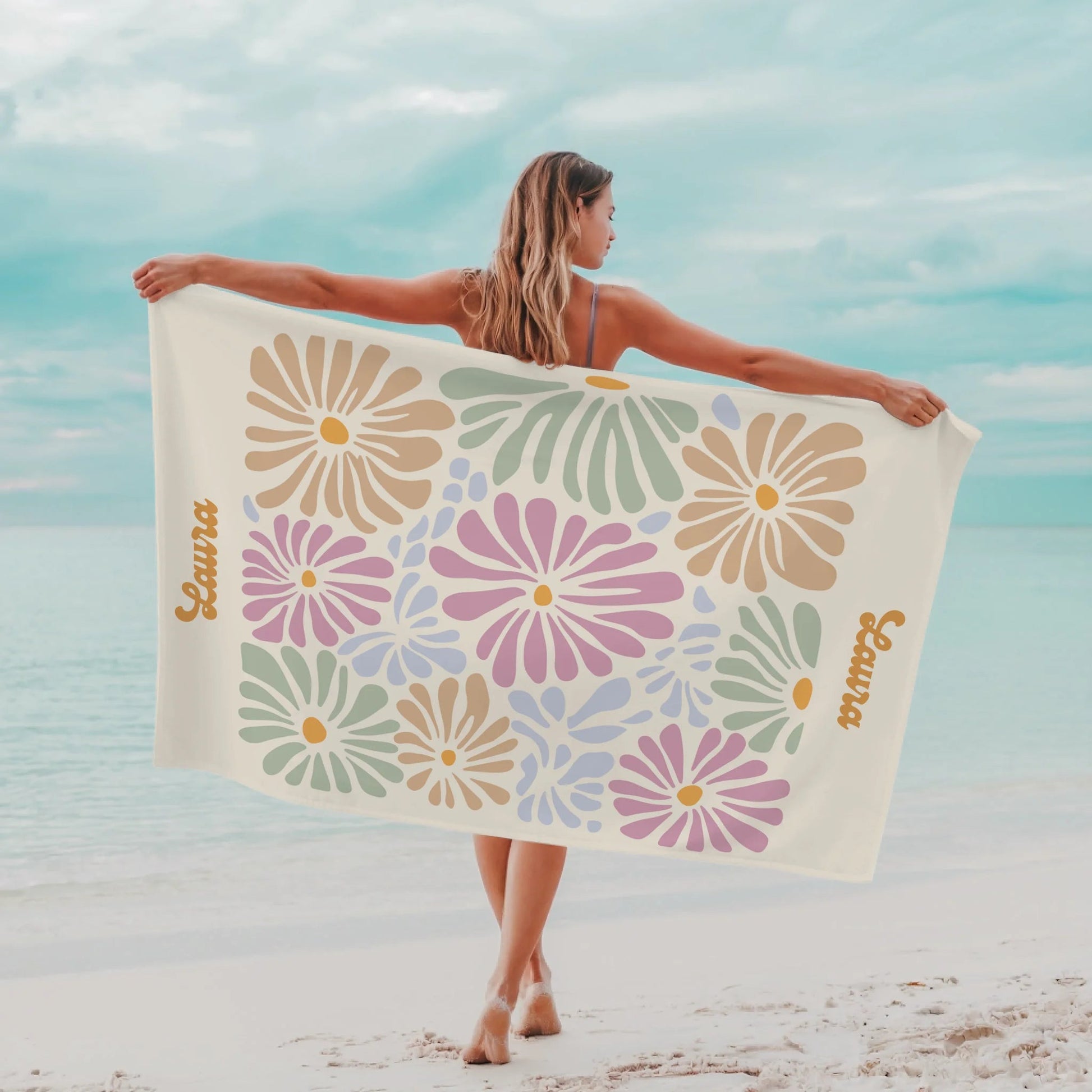 Strandtuch personalisiert "Retro Blumen" - LeinwandGlück